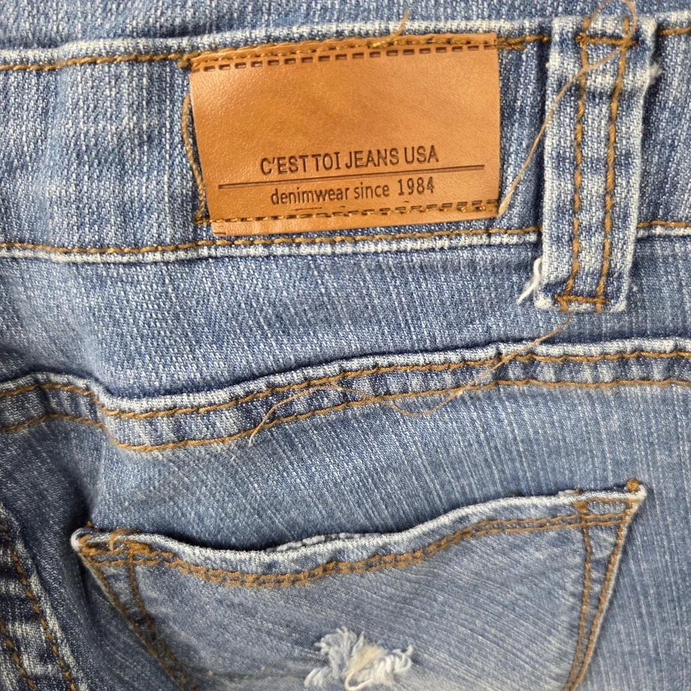 C'est Toi Jeans Overalls Womens Medium Blue Denim Ripped Distressed Bib Pockets